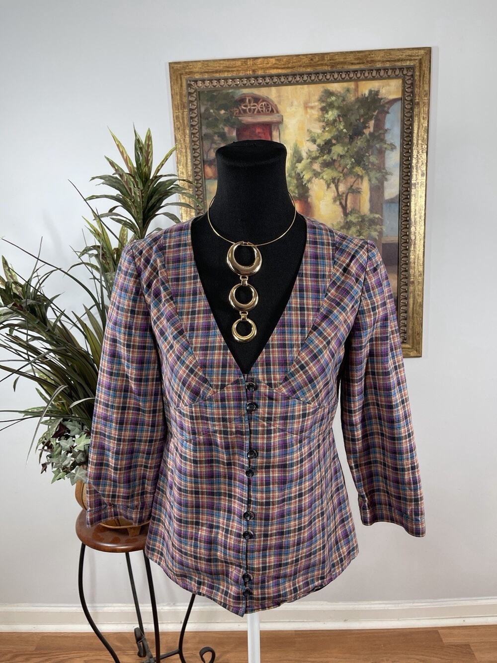 Atya Plaid Cotton Blouse Women 14 V Neck Button Front‎ Cottagecore Top